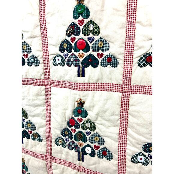 Hand Stitch Christmas Tree Patchwork Heart Carpet Rug Beige Rectangular Buttons - Picture 3 of 7